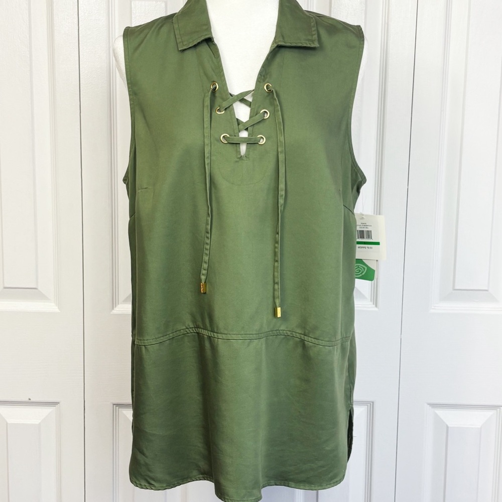 NWT Ellen Tracy Dill Green Collared Sleeveless Lace Up Tunic Top Large